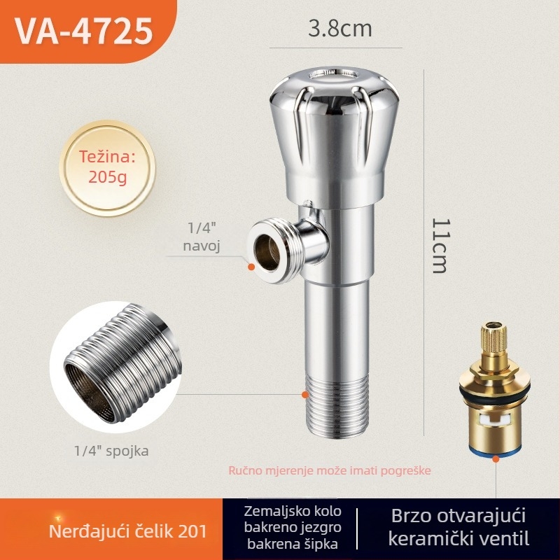 Kutni ventil, od nehrđajućeg čelika 201, navojna instalacija, radni tlak 1,4 MPa, za tuš sustav