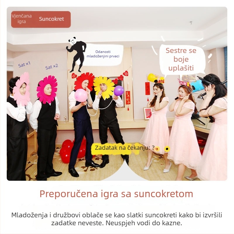 Vjenčani rekviziti za šalu: suncokret saxofon i igre s balonima