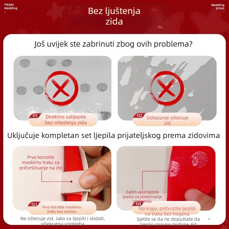 Svadbeni pozadinski set za prostor – dvostrani baršunasti backdrop i zidne naljepnice (Materijal: floking; Namjena: vjenčanje; Kategorija: rekviziti za uređenje prostora; Tip materijala: traka)