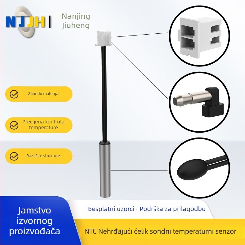 NTC senzor temperature, plug-in, 5K/10K/50K, za industrijsku, medicinsku i kućansku opremu; raspon -30°C do 300°C; materijali: nehrđajući čelik, aluminij, epoksidno brtvljenje