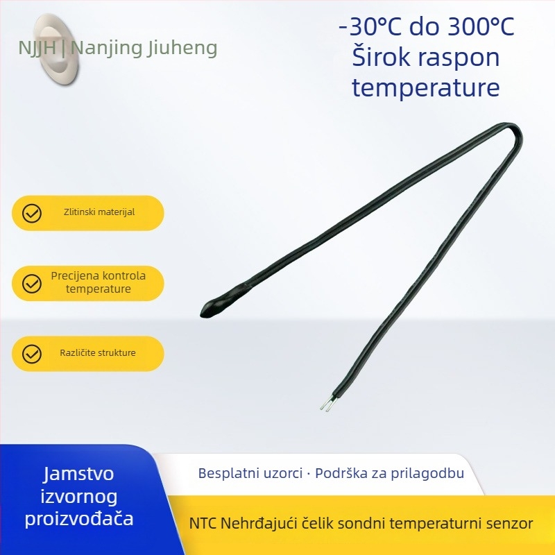 NTC senzor temperature, plug-in, 5K/10K/50K, za industrijsku, medicinsku i kućansku opremu; raspon -30°C do 300°C; materijali: nehrđajući čelik, aluminij, epoksidno brtvljenje