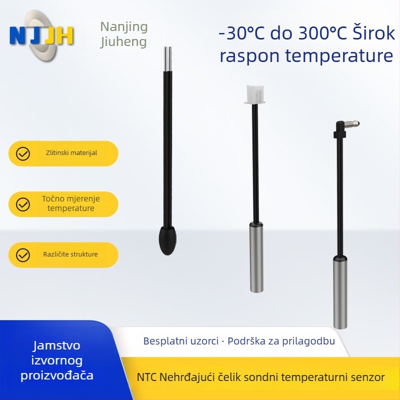 NTC senzor temperature, plug-in, 5K/10K/50K, za industrijsku, medicinsku i kućansku opremu; raspon -30°C do 300°C; materijali: nehrđajući čelik, aluminij, epoksidno brtvljenje