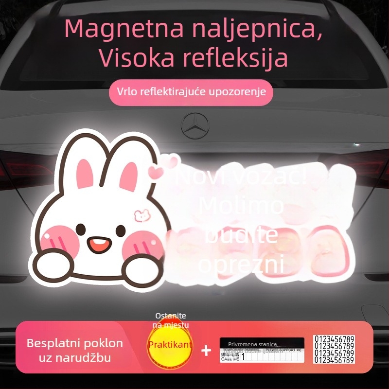 Automobilska naljepnica s crtićem zeca, magnetski način postavljanja, materijal: naljepnica, mogućnost prilagodbe