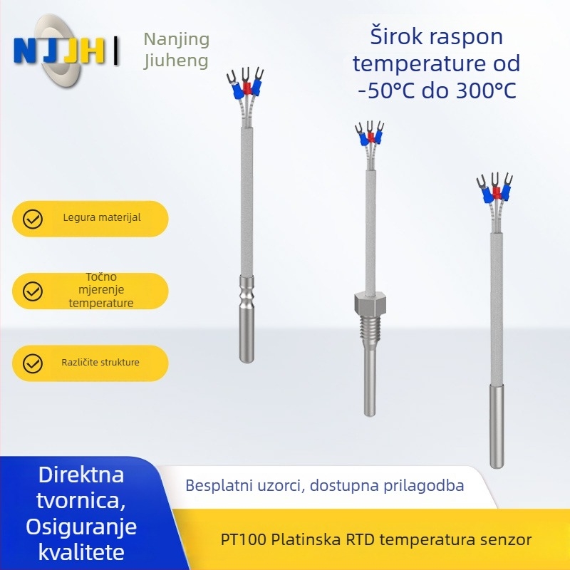 Pt100 platinski otporni senzor za temperaturu – sonda, priključak s utikačem, radni raspon -50°C do 300°C, materijal: nehrđajući čelik i aluminijeva legura, pogodan za industrijsku opremu, medicinsku opremu i kućanske aparate