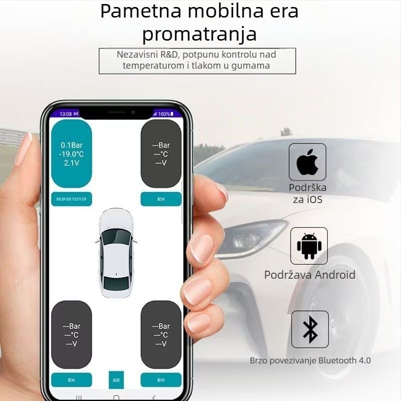 Prijenosni TPMS sustav za automobile i motocikle s Bluetooth senzorom tlaka u gumama i povezivanjem na mobilni telefon