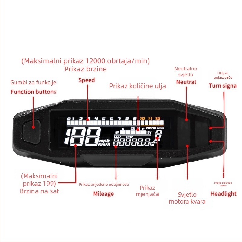 LCD ploča s instrumentima za motocikl, model: LCD instrument, kompatibilna s općim modifikacijama, bez prilagodbi