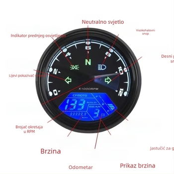 Univerzalni LCD instrument za motocikl – tachometar, brzomjer, kilometraža, 12V