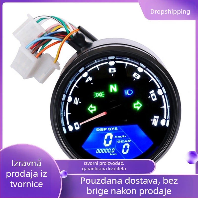 Univerzalni LCD instrument za motocikl – tachometar, brzomjer, kilometraža, 12V