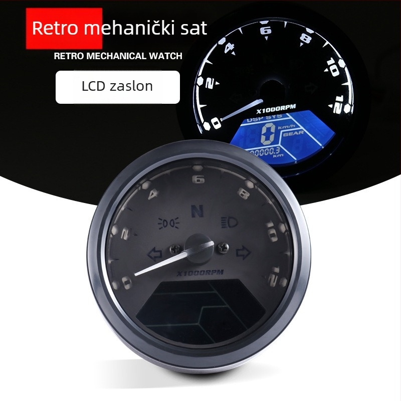 Univerzalni LCD instrument za motocikl – tachometar, brzomjer, kilometraža, 12V