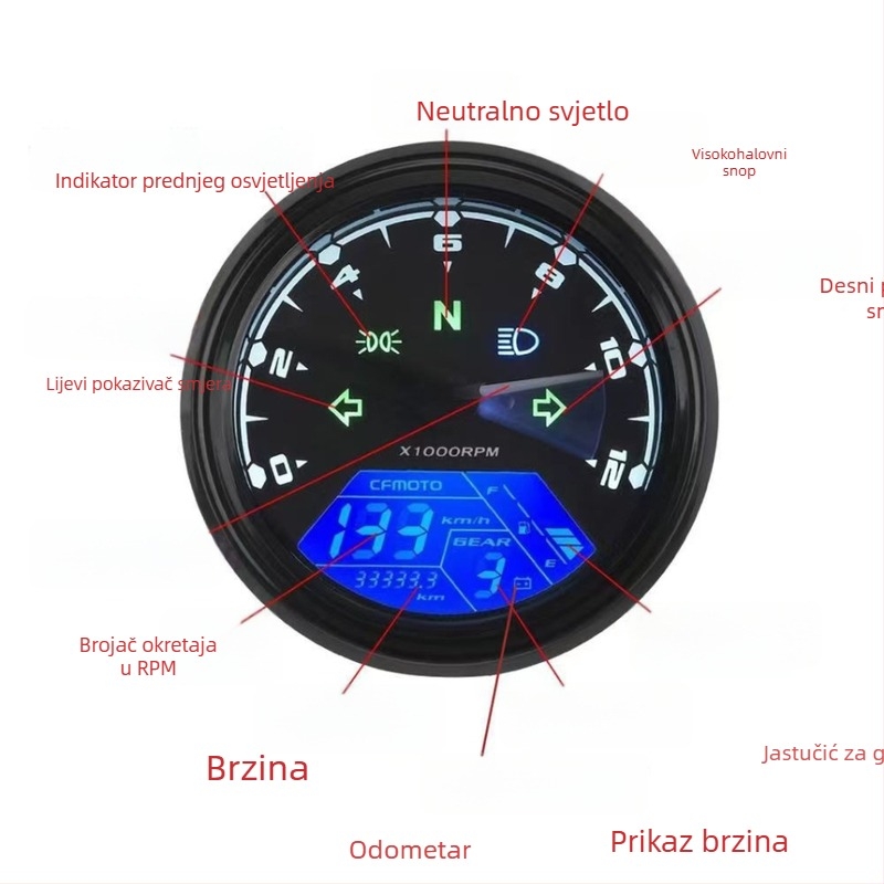 Univerzalni LCD instrument za motocikl – tachometar, brzomjer, kilometraža, 12V