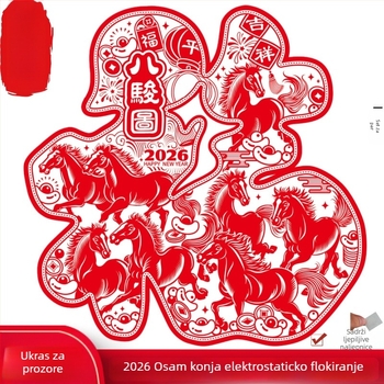 Naljepnica za prozor s motivom Godine konja – osam konja, papirnati izrez, flokirana tkanina, elektrostatiko flokiranje