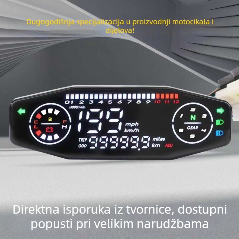 Motocikla instrument ploča s LED digitalnim prikazom, voltmetrom i mjeračem ulja – univerzalni model 036006, senzorni kabel