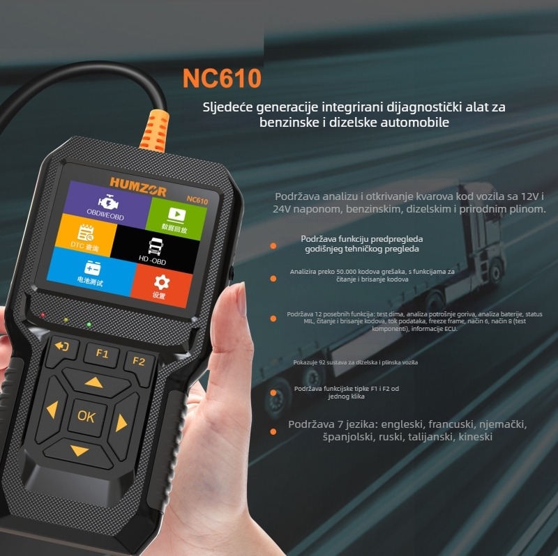 OBD alat za dijagnostiku motornih kvarova automobila, višenamjenski dekoder, brisanje svjetla kvara | HUMZOR NC610 | Napajanje 12-24V | Radna temperatura 0-60°C