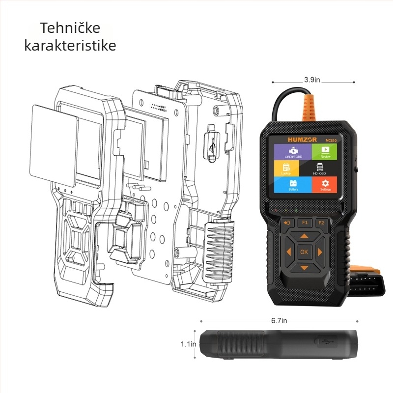 OBD alat za dijagnostiku motornih kvarova automobila, višenamjenski dekoder, brisanje svjetla kvara | HUMZOR NC610 | Napajanje 12-24V | Radna temperatura 0-60°C