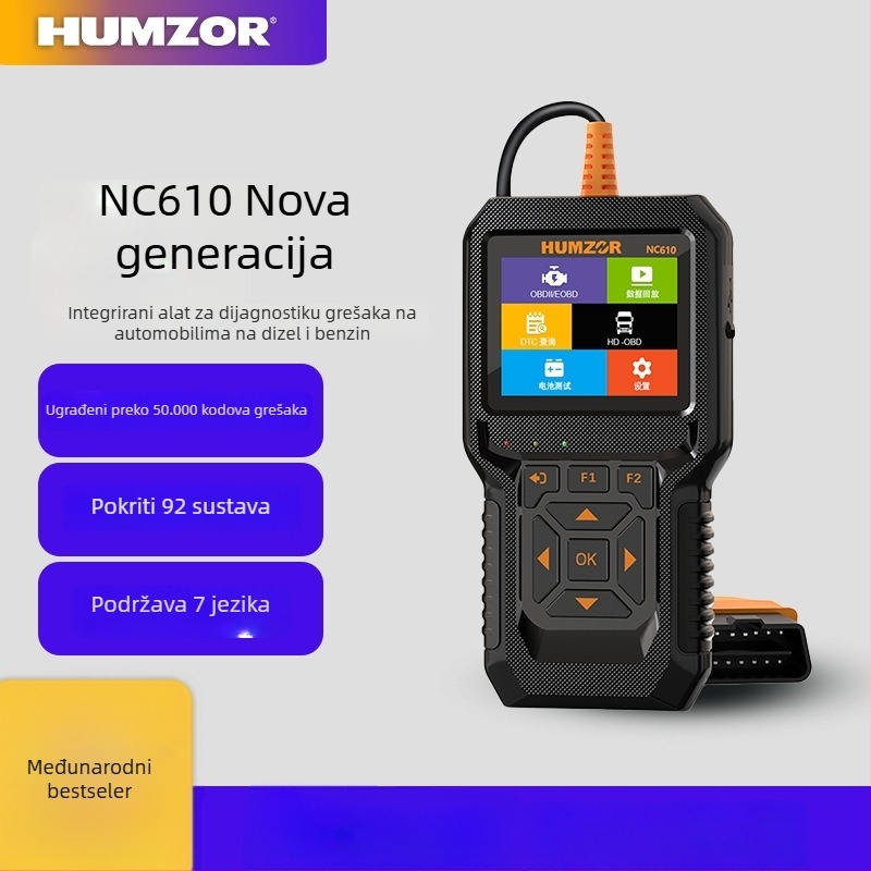 OBD alat za dijagnostiku motornih kvarova automobila, višenamjenski dekoder, brisanje svjetla kvara | HUMZOR NC610 | Napajanje 12-24V | Radna temperatura 0-60°C