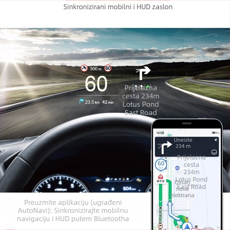 HUD zaslon za automobil s otkrivanjem OBD kvarova, projekcija lebdeće slike, navigacija, brisanje kodova — Model 985 — Napajanje baterijom • Ručno upravljanje • Ulazni signal: Drugo