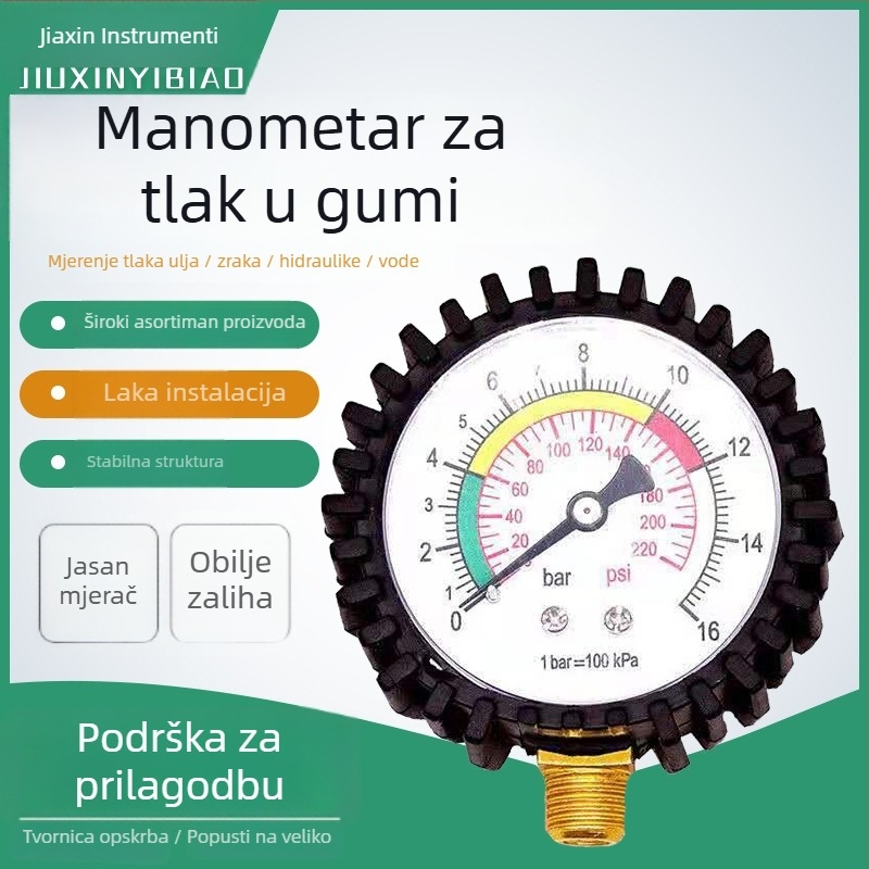 Tlakomjer za gume automobila, plastično kućište, model Y60, brend Nine Letters, raspon mjerenja 0–1.6, točnost 1.0/1.6/2.5, priključak radijalno/aksijalno, radna temperatura -15…50 °C, mogućnost prilagodbe