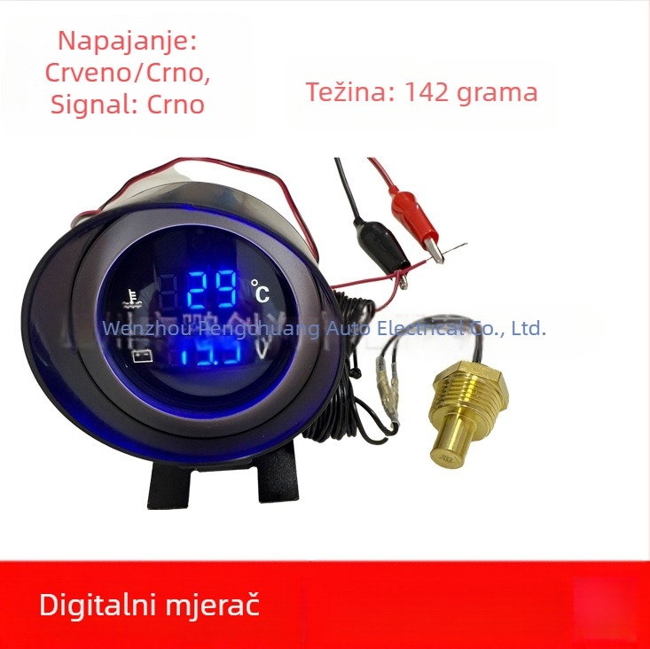 Dva u jednom mjerač te temperature vode i napona, pištoljskog tipa, okrugli digitalni LCD zaslon, 9–36V, za automobile