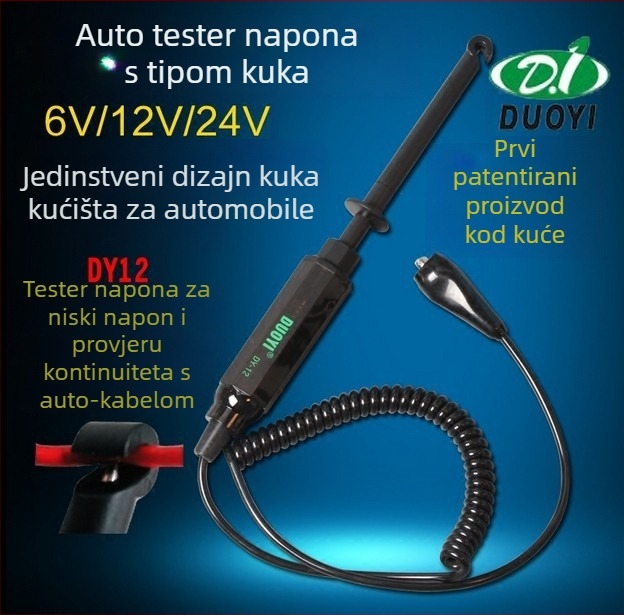 DY12 automobilni električni tester s kukom — 6V/12V/24V, detekcija niskonaponskih sklopova