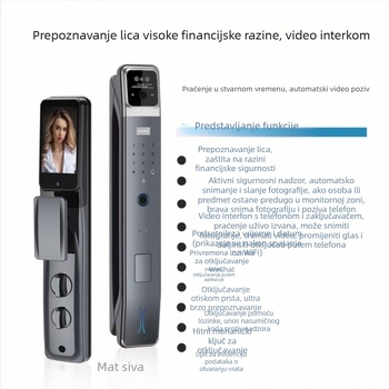 Pametni elektronički zaključavanje za vanjska vrata s prepoznavanjem lica i otiska prsta, lozinkom i videointerkom – vodootporna za vanjsku upotrebu; 100 spremišta otisaka; do 100000 otključavanja; skeniranje <0,01 s; napajanje AC