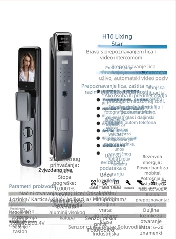 Pametni elektronički zaključavanje za vanjska vrata s prepoznavanjem lica i otiska prsta, lozinkom i videointerkom – vodootporna za vanjsku upotrebu; 100 spremišta otisaka; do 100000 otključavanja; skeniranje <0,01 s; napajanje AC