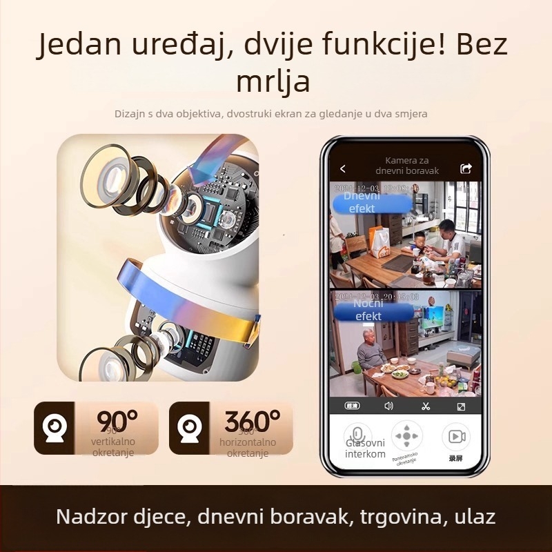 Unutarnja kamera za nadzor bez bušenja, s dvostrukom lećom, pametna kućna kamera 1080p