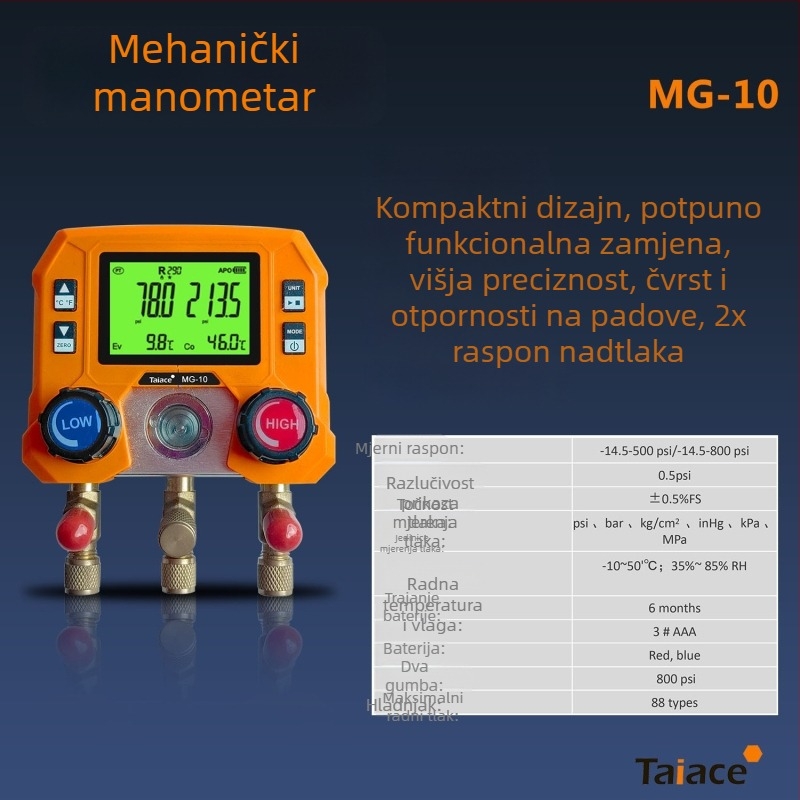 MG-10 digitalni tlakomjer za automobilni sustav klimatizacije – Taiace, točnost ±0,5% FS, -10°C do 50°C