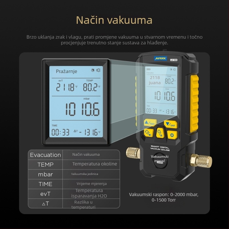 Autool LM100 Digitalni vakuumski tlakomjer za automobilsku klimu – visokoprecizni detektor curenja