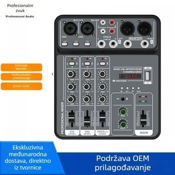 Phonomones 4-kanalni USB mikser za snimanje i prijenos uživo — kompaktan za kućno karaoke, sastanke i pozornicu; težina 0,55 kg; napajanje 5V; uključuje USB-C podatkovni kabel i priručnik