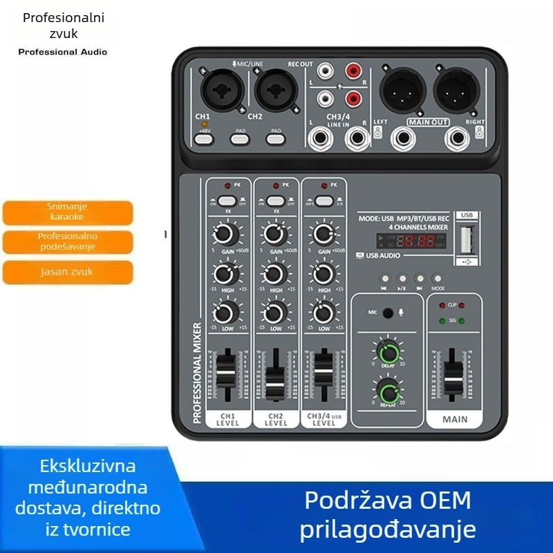 Phonomones 4-kanalni USB mikser za snimanje i prijenos uživo — kompaktan za kućno karaoke, sastanke i pozornicu; težina 0,55 kg; napajanje 5V; uključuje USB-C podatkovni kabel i priručnik