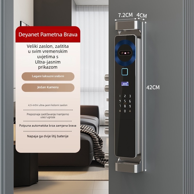 Pametni zaključavak vrata s otiskom prsta, lozinkom i prepoznavanjem lica, video zvono s okom mačke i praćenje u realnom vremenu — spremište otiska 100; otključavanja >2000; skeniranje <0,1 s; 3D lice + poluvodički otisak