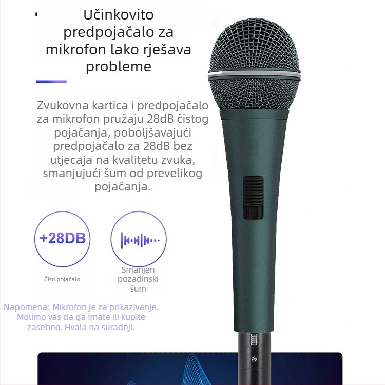 Prijenosno predpojačalo za dinamički mikrofon (48V napajanje, ugrađena zvučna kartica, redukcija šuma)