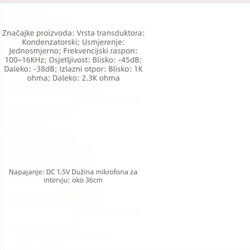 Profesionalni mikrofon za snimanje za DSLR i mobilne kamere, raspon frekvencija 40 Hz–20 kHz, SNR ≥75 dB, napajanje 3V, zamjenjiva baterija, trajanje baterije 3–6 h