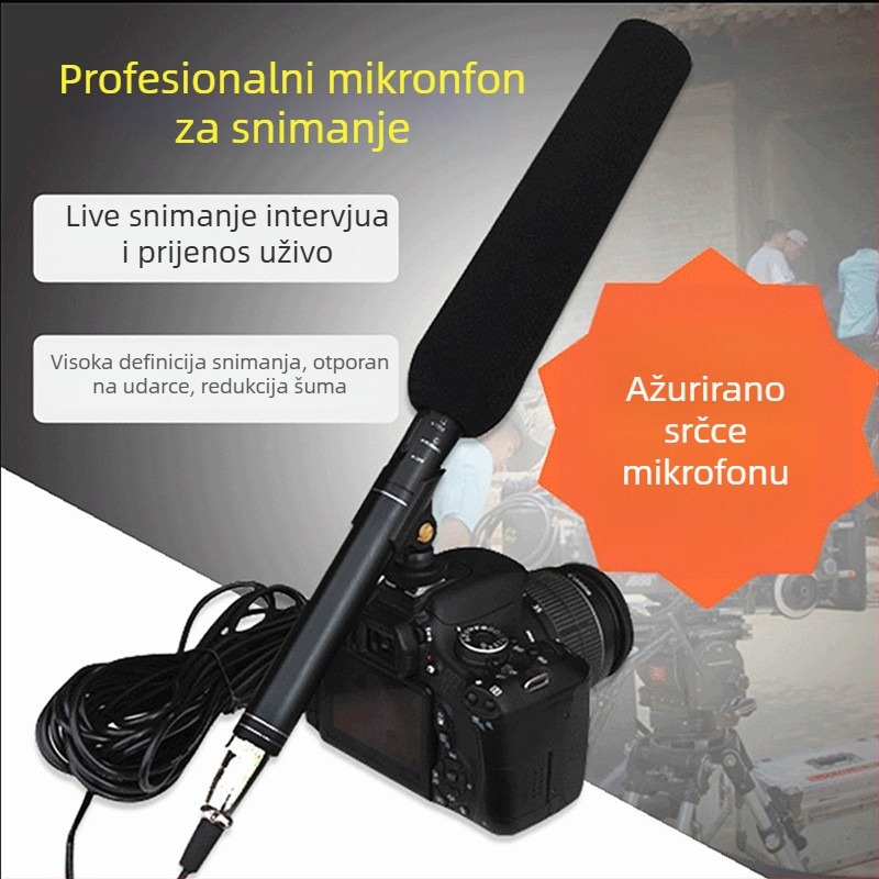 Profesionalni mikrofon za snimanje za DSLR i mobilne kamere, raspon frekvencija 40 Hz–20 kHz, SNR ≥75 dB, napajanje 3V, zamjenjiva baterija, trajanje baterije 3–6 h