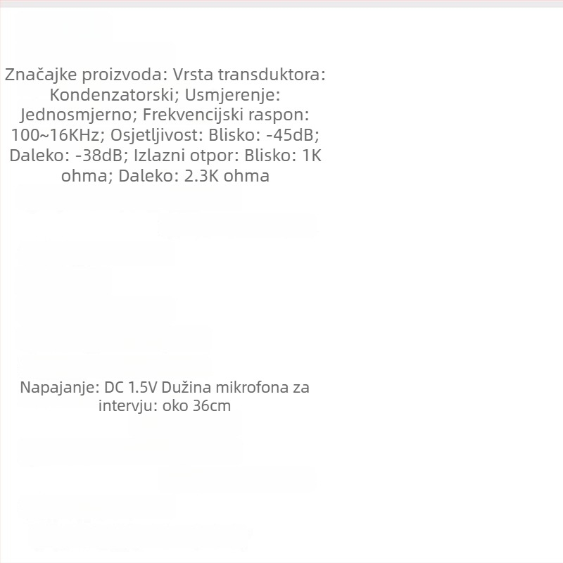 Profesionalni mikrofon za snimanje za DSLR i mobilne kamere, raspon frekvencija 40 Hz–20 kHz, SNR ≥75 dB, napajanje 3V, zamjenjiva baterija, trajanje baterije 3–6 h