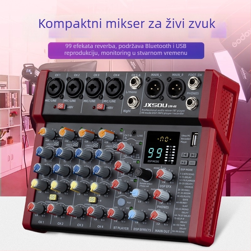 4-kanalni karaoke mikser s ugrađenim Bluetoothom i reverbnim efektom, JXSOU UM33 za kućno snimanje i prijenos uživo
