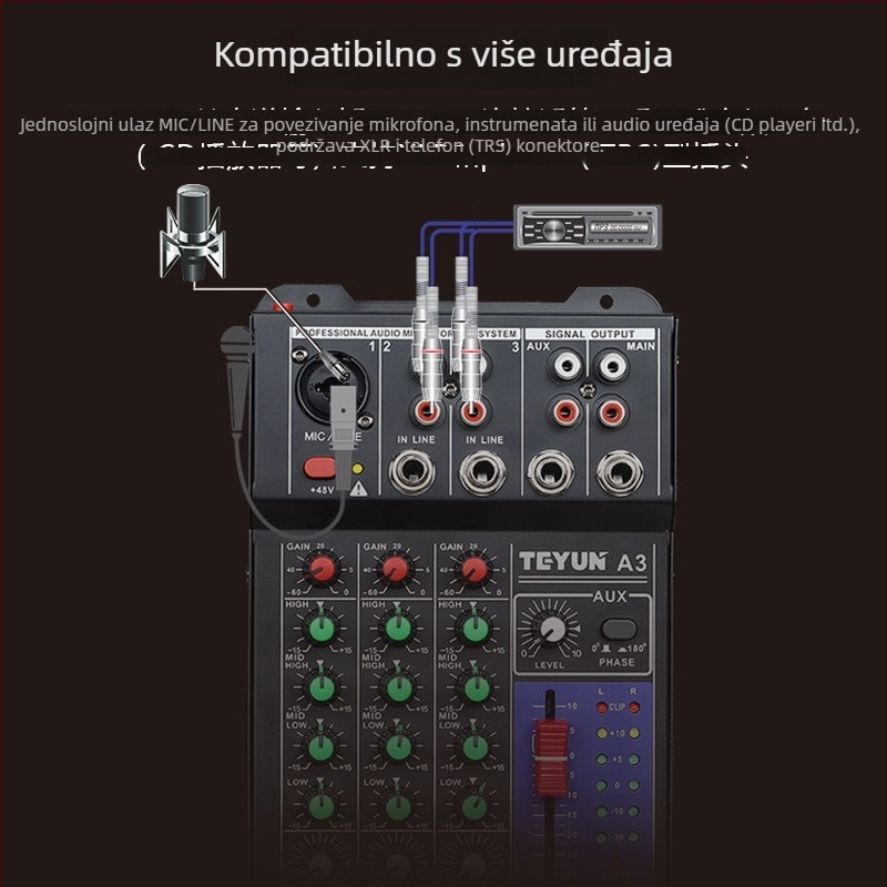 TEYUN profesionalni auto audio mikser s ekvilizerom i reverberatorom, napajanje 9-16V