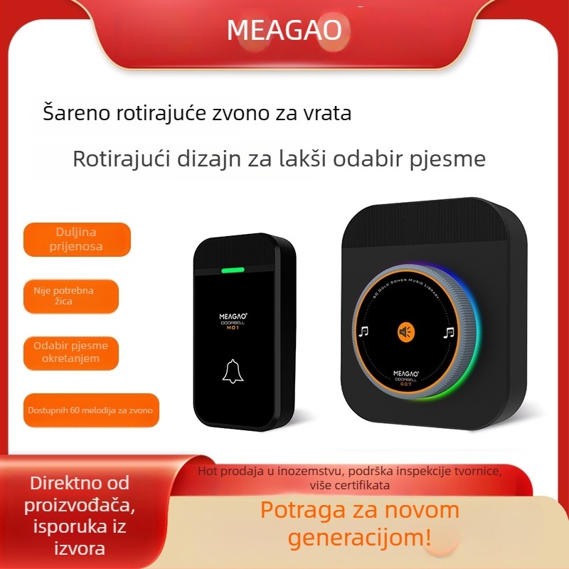 Bežični zvono za vrata, napajanje AC 85–220V, domet 200–300 m, 60 melodija, 4 razine glasnoće (uključujući isključivanje zvuka), za dom/hotel/vilu/ured