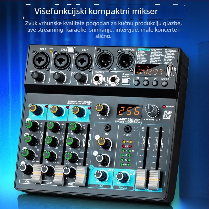 Biner USB Bluetooth 6-kanalni mikser s DSP efektima za snimanje na računalu i sastanke