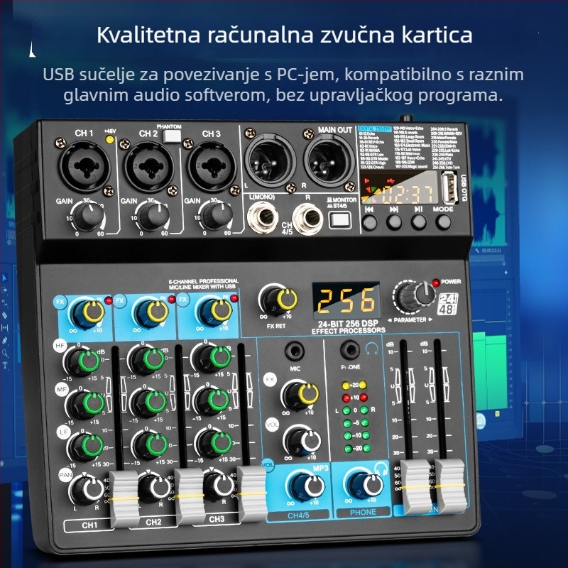 Biner USB Bluetooth 6-kanalni mikser s DSP efektima za snimanje na računalu i sastanke