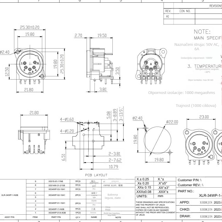 Držač XLR i RJ45 konektora za pozadinsko osvjetljenje i mikrofonske sustave – Jinjia, audio/video priključak