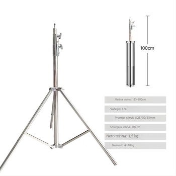 Fotostativ od nehrđajućeg čelika + ABS, 3-sekcijski, nosivost 3–5 kg, promjeri cijevi 25/30/35 mm, težina 1,5 kg