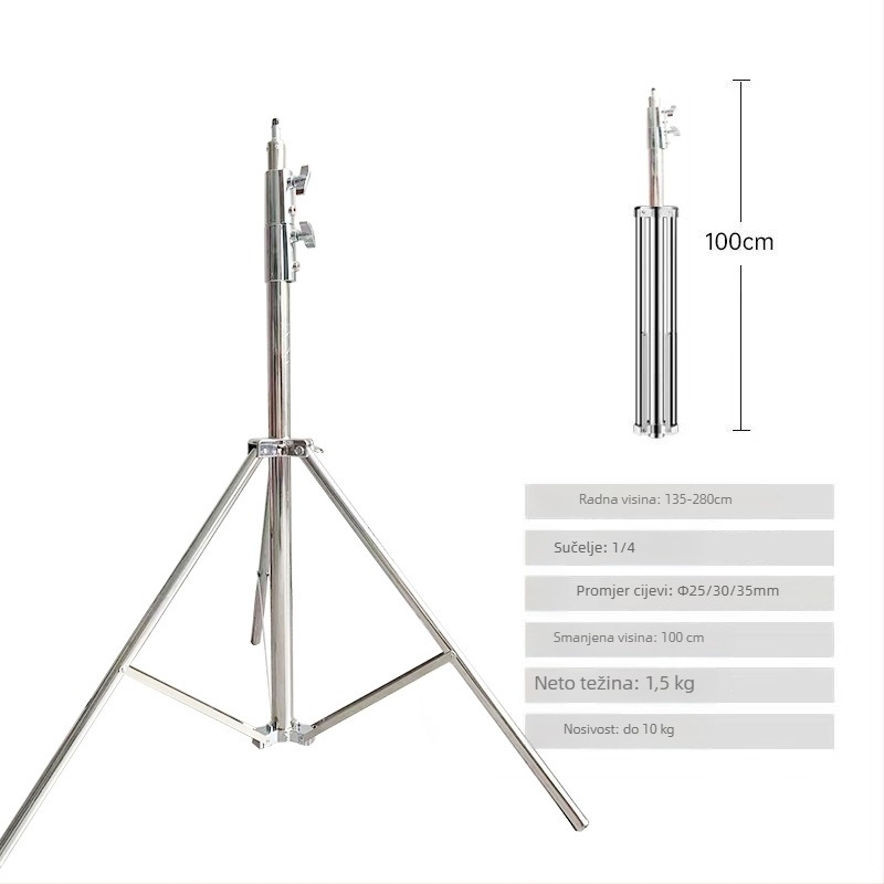 Fotostativ od nehrđajućeg čelika + ABS, 3-sekcijski, nosivost 3–5 kg, promjeri cijevi 25/30/35 mm, težina 1,5 kg