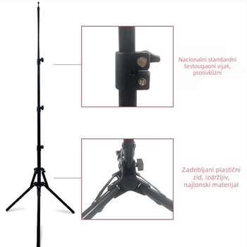 Fotografski podni stativ s konstrukcijom od željeza i najlona, 3 sekcije, promjer cijevi 16–25 mm, nosivost 2–4 kg