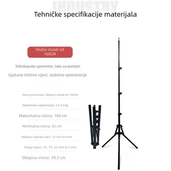 Stativ za live streaming s reverzno-sklopnim dizajnom, 4 sekcije, željezna konstrukcija, nosivost 3 kg, težina 590 g, bez ploče brzog oslobađanja, stabilno snimanje