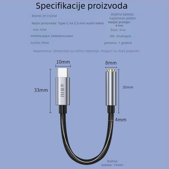 Type-C na 3,5 mm audio adapter za Android – Model CTO3.5, Branda JH, Šifra proizvoda A55