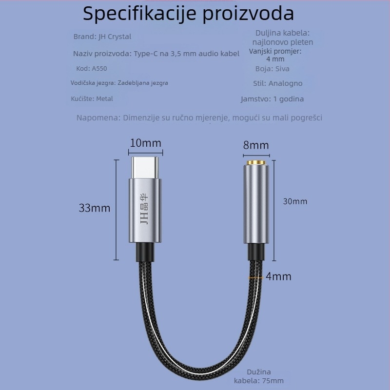 Type-C na 3,5 mm audio adapter za Android – Model CTO3.5, Branda JH, Šifra proizvoda A55