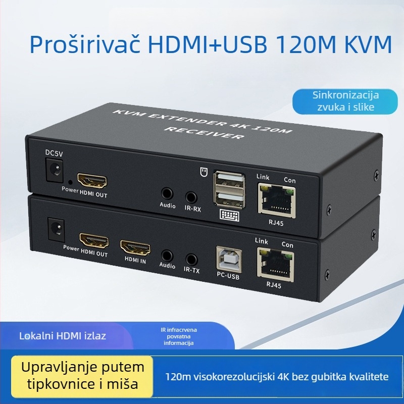 4K (3840x2160@30Hz) KVM extender, RJ45 na HDMI preko mreže, do 120 m, IR loop-out i odvajanje zvuka, model HKM120
