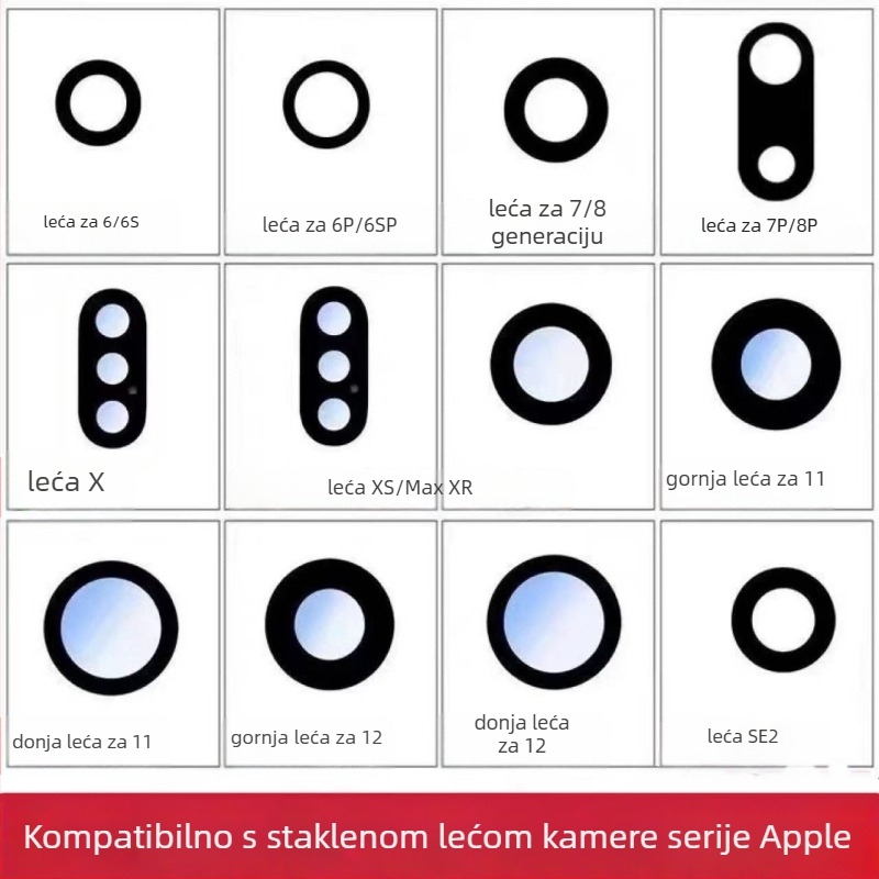 Stražnje staklo objektiva kamere za iPhone 7/8 Plus, X/XS/XS Max i serije 11–15