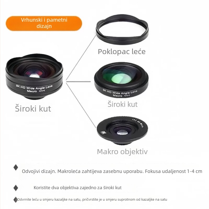 9K širokokutni makro objektiv za mobitel, 2u1 za Wurli — selfie i HD snimanje na otvorenom